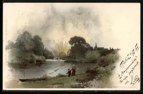 Sonnenschein-AK Mutter und Kind am Dorfteich, untergehende Sonne