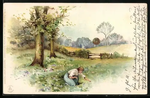 Sonnenschein-AK Junge Frau auf der Wiese im Licht der Morgensonne, Landschaftsbild