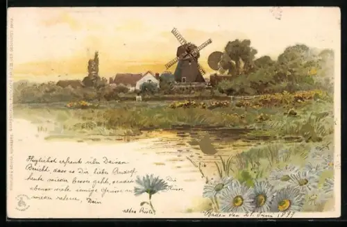 Sonnenschein-AK Windmühle, Blüten am Teich