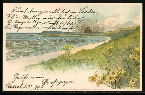 Sonnenschein-AK Blick vom grünen Ufer über das Wasser zur aufgehenden Sonne