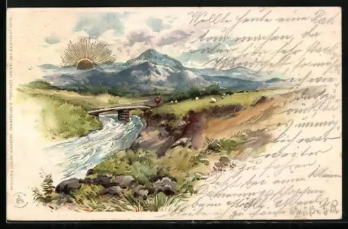 Sonnenschein-AK Landschaft mit Fluss und Bergen