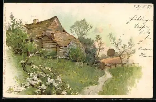 AK Holzhaus mit Wiese