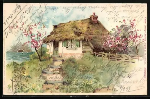 Sonnenschein-AK Haus mit blühenden Bäumen im Frühling