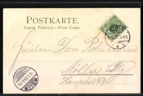 Sonnenschein-AK Haus mit blühenden Bäumen im Frühling