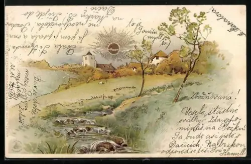 Sonnenschein-AK Ortschaft mit Kirche, Flusspartie, Goldene Sonne