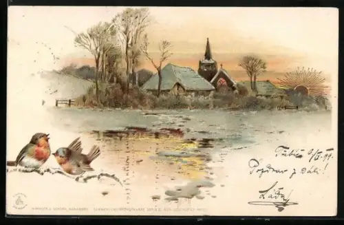 Sonnenschein-Lithographie Winterliche Ortschaft und Rotkehlchen