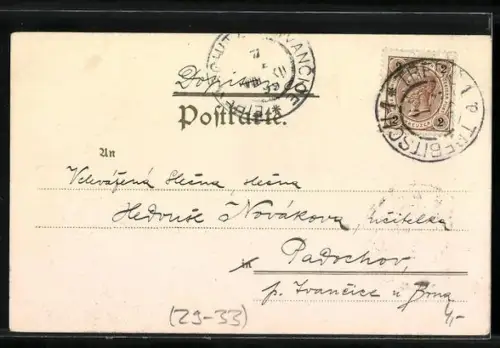 Sonnenschein-Lithographie Winterliche Ortschaft und Rotkehlchen