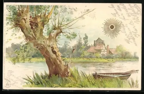 Sonnenschein-AK Weide am Fluss, Sonne über einem Dorf