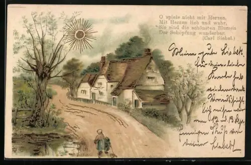 Sonnenschein-AK Mutter und Kind auf einer Strasse, Häuser, Gedicht, Goldene Sonne