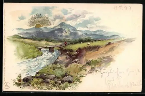 Sonnenschein-AK Landschaft mit Fluss und Bergen