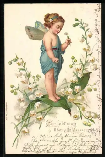 Lithographie Elfe steht auf einem Blatt mit Blume in der Hand, Er liebt mich über alle Maassen
