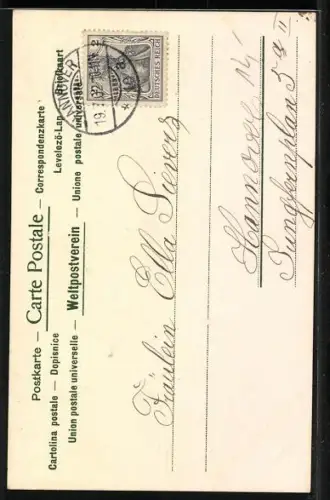 Lithographie Elfe steht auf einem Blatt mit Blume in der Hand, Er liebt mich über alle Maassen