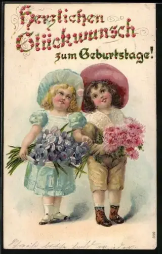 Künstler-AK Zwei Kinder mit Blumensträussen, Herzlichen Glückwunsch zum Geburtstage