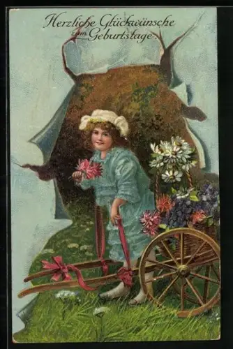 Präge-AK Mädchen mit einem Karren voller Blumen, Geburtstagswünsche