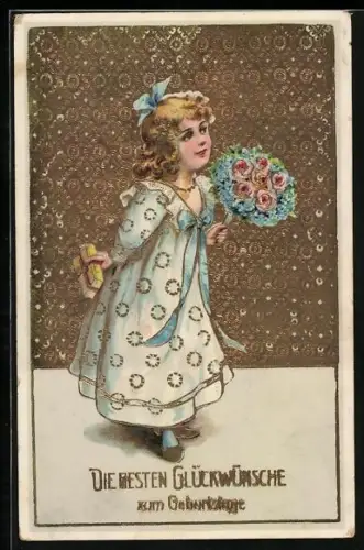 Künstler-AK Mädchen in blauem Kleid mit Blumenstrauss zum Geburtstag