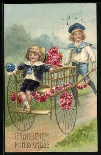 Künstler-AK Zwei Kinder mit eine rosengeschmückten Karren, Fröhlichen Pfingstgruss