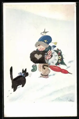 Künstler-AK Kind mit Weihnachtsbaum begegnet einer Katze im Schnee
