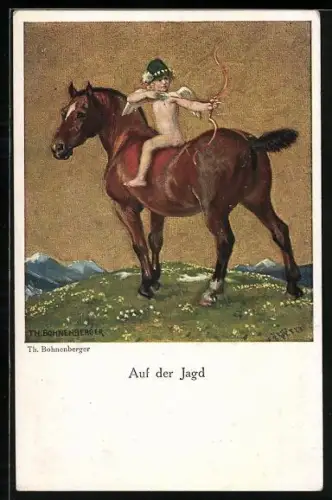 Künstler-AK Amor sitzt auf einem Pferd und zieht seinen Bogen, Auf der Jagd