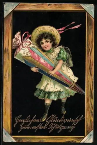 Künstler-AK Schulanfang, Mädchen mit ihrer Zuckertüte