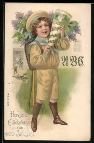 Lithographie Junge mit Schultüte zum Schulanfang