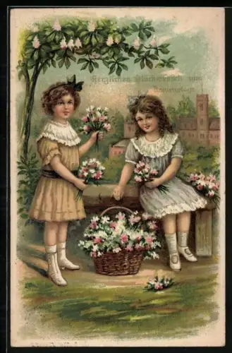 Künstler-AK Zwei Kinder füllen einen Blumenkorb mit Blumen, Herzlichen Glückwunsch zum Namenstag