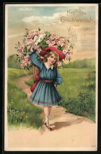 Künstler-AK Glückwünsche zum Namenstag, Gratulantin mit Korb voller Blumen