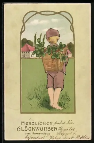 Künstler-AK Junger Bursche mit Korb voller Kleeblätter, Namenstag