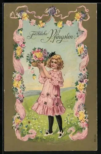 Künstler-AK Kind mit Korb voller Blumen, Fröhliche Pfingsten