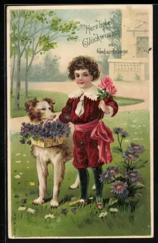 Künstler-AK Junge und Hund gratulieren mit Blumen, Herzlichen Glückwunsch zum Geburtstage