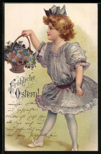 Lithographie Mädchen mit Blumenkorb mit Ostereiern, Fröhliche Ostern
