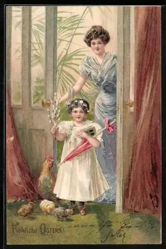 Lithographie Mutter und Tochter nach Spaziergang mit Osterküken, Fröhliche Ostern