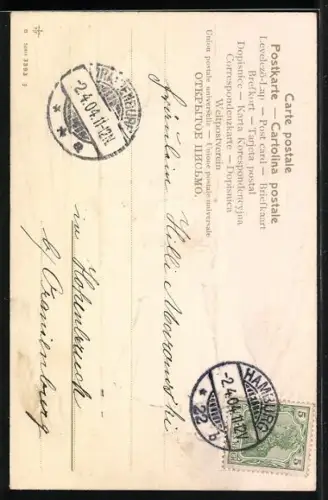 Lithographie Mutter und Tochter nach Spaziergang mit Osterküken, Fröhliche Ostern