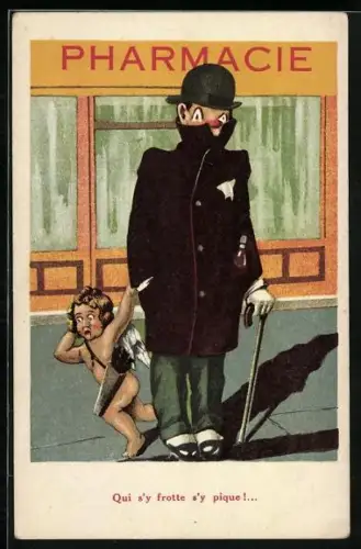 Künstler-AK Weinender Amor rennt hinter einem Mann entlang