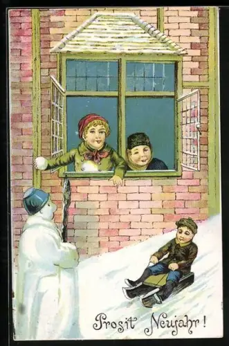 Künstler-AK Junge auf dem Schlitten, Schneemann, Prosit Neujahr