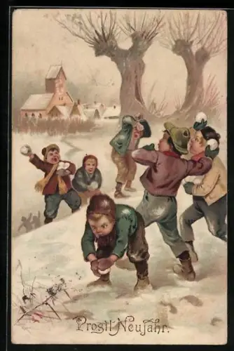 Künstler-AK Kinder veranstalten eine Schneeballschlacht, Prosit Neujahr
