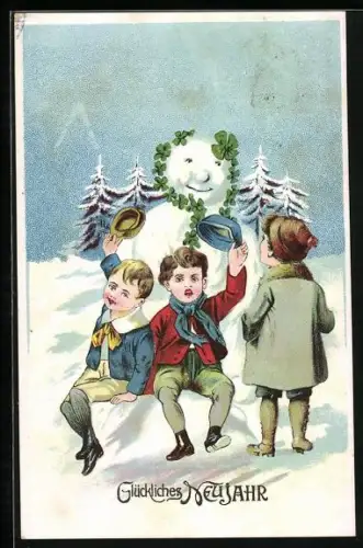 Künstler-AK Kinder sitzen vor einem dekorierten Schneemann, Glückliches Neujahr