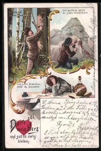 Lithographie Mann schnitzt ein Herz, Dein sei mein Herz und soll es ewig bleiben