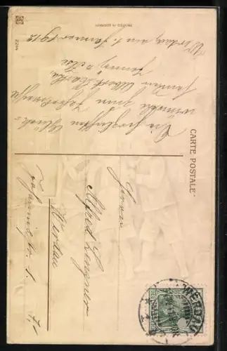 Künstler-AK Mädchen verabschiedet sich von einem Knaben, Neujahr