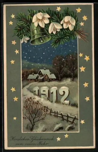 Künstler-AK Jahreszahl 1912 im Schnee vor einem Ort