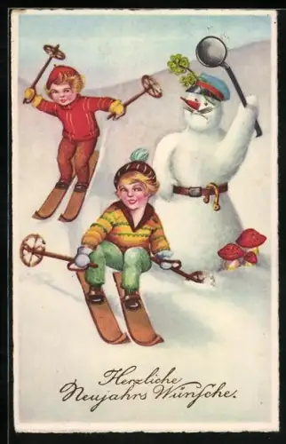 Künstler-AK Kleine Skifahrer und Schneemann, Neujahrswünsche