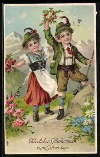 Künstler-AK Zwei kleine Bergsteiger mit Blumen, Geburtstagswünsche