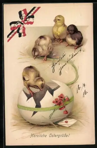 Künstler-AK Geschlüpfte Osterküken mit einer Eierschale, Herzliche Ostergrüsse
