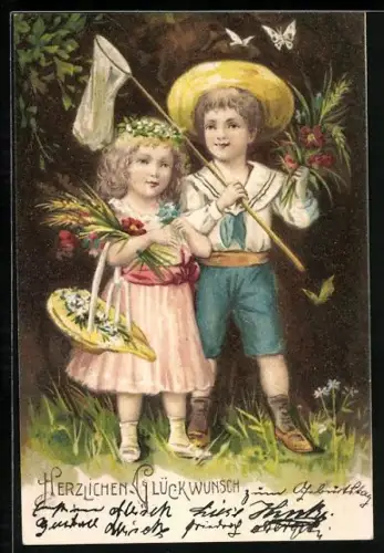 Lithographie Zwei kinder mit Blumen am Waldesrand, Herzlichen Glückwunsch