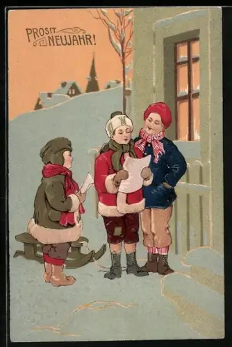 Lithographie Neujahr, Kinder mit Schlitten vor dem Haus