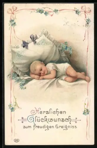 Künstler-AK Neugeborenes liegt selig im Bett, Herzlichen Glückwunsch zum freudigen Ereignis