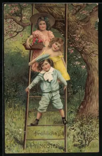Künstler-AK Kinder auf einer Leiter an einem Baum, Fröhliche Pfingsten