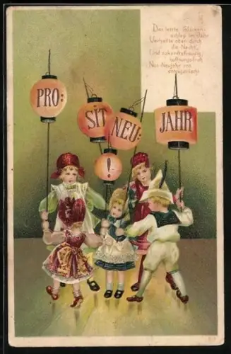 Präge-AK Kinder in Verkleidung tanzen mit Laternen, Prosit Neujahr