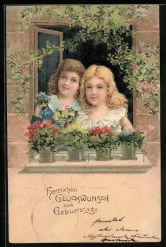 Lithographie Zwei Mädchen in einem Fenster mit Blumentöpfen, Geburtstagsgrüsse