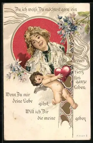 Lithographie Du ich weiss, Du möchtest gern ein treues Herz..., Engel mit Herz und Blumen