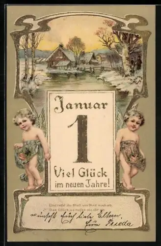 Lithographie Neujahrsengel mit dem ersten Kalenderblatt, Neujahr